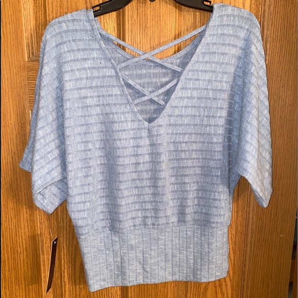 Almost Famous Womens Dolman Sleeves Lattice Back Pullover Blue Blouse Size M - Picture 3 of 9